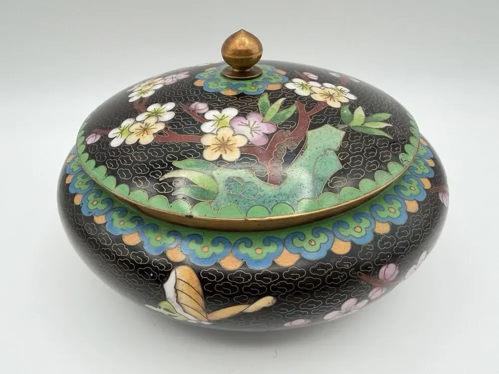 Chinese Cloisonné Lidded Bowl Hand Painted Enamel Flowers & Butterflies Vintage